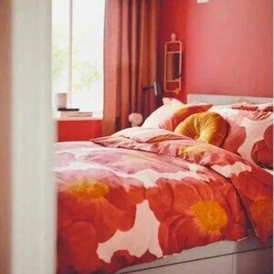 New IKEA duvet cover with two pillowcases Red light pink Floral Full Queen